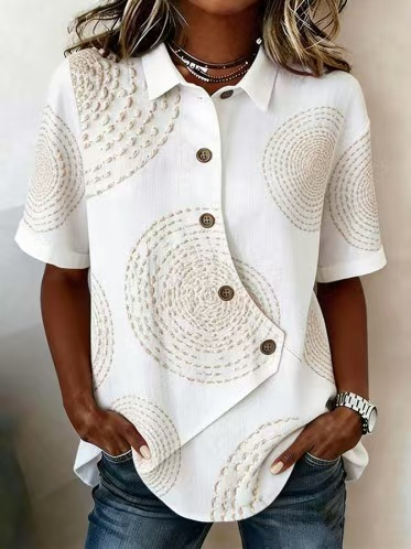 3D Printing Cotton And Linen Shawl Collar Short Sleeve Asymmetry Placket Design Button Summer Going Out Casual Shirt