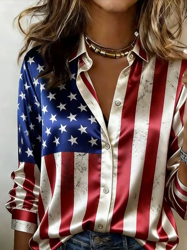 Women's USA 250th Anniversary Long Sleeve Shirt Spring/Fall As Picture America Flag Shawl Collar Daily Going Out Casual Top