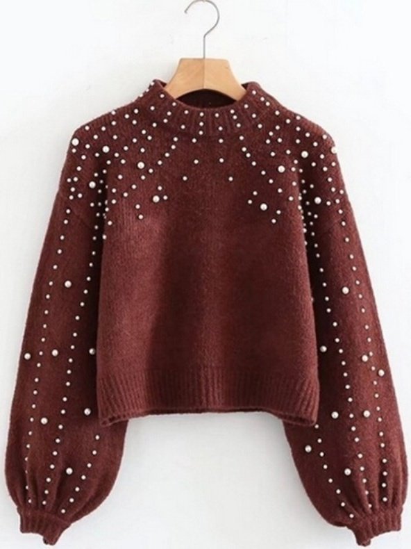 Girly Balloon Sleeve Plain Mock Neck Cotton-Blend Sweater