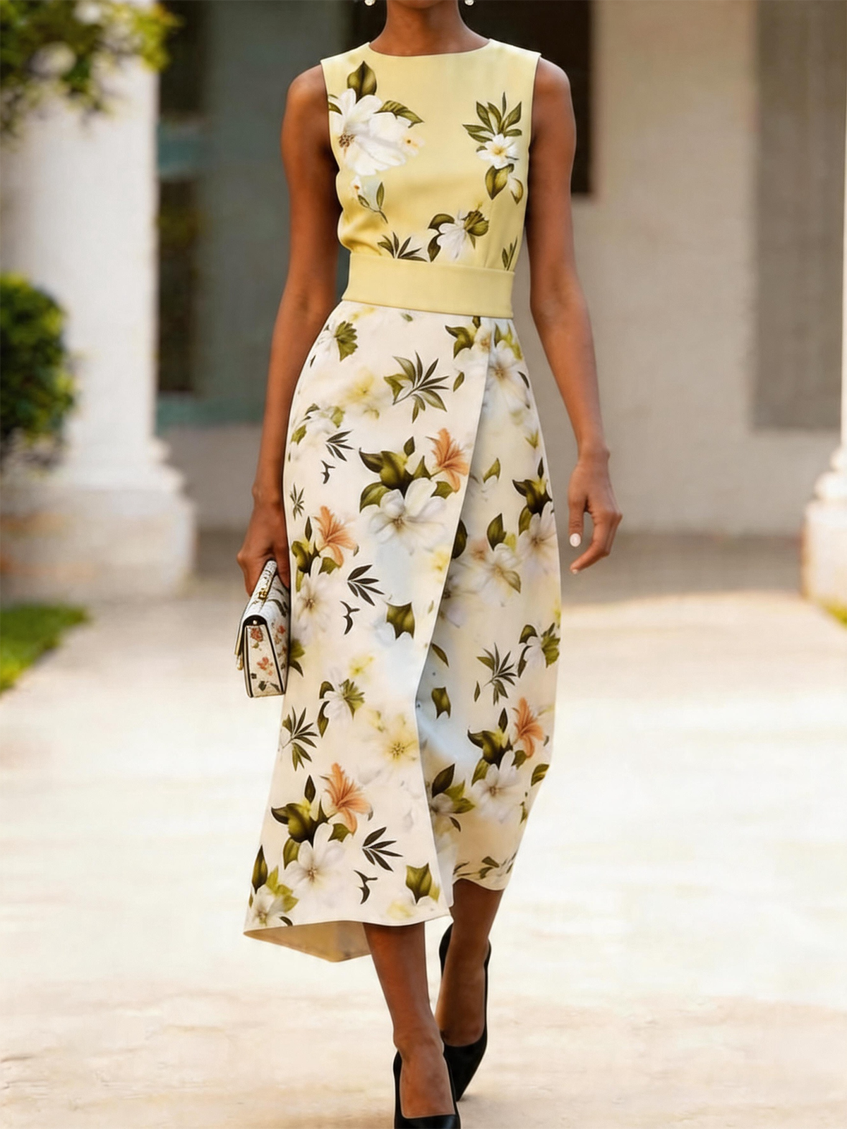Blue & Cream Magnolia Floral Sleeveless Wrap Midi Dress