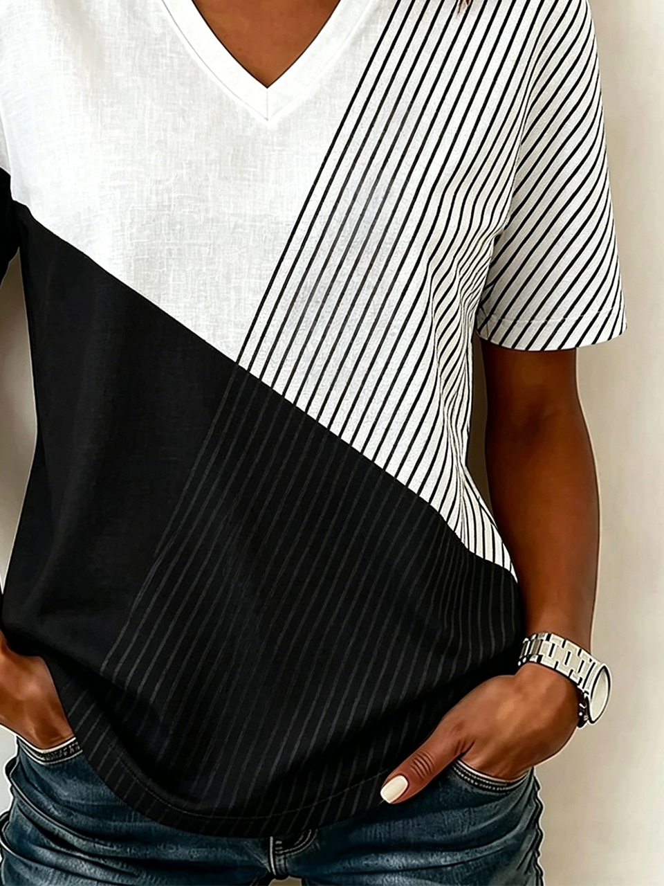 Vintage V Neck Loose Jersey T-Shirt