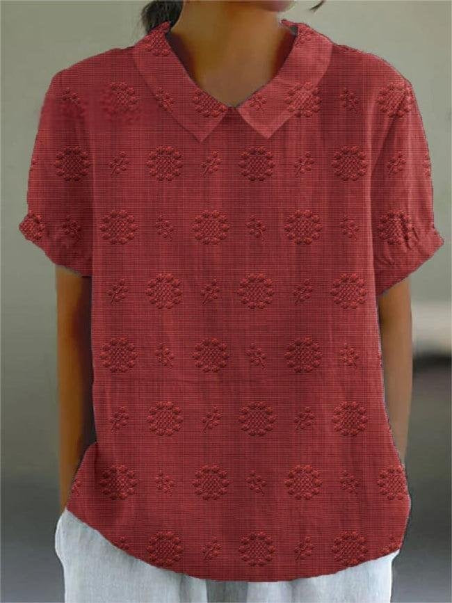 Vintage Printed Textured Short Sleeve Blouse with Peter Pan Collar