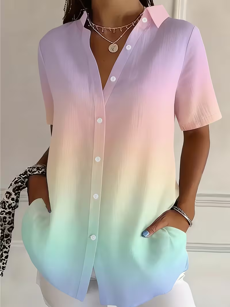 Women's Short Sleeve Shirt Summer As Picture Ombre Printing Shirt Collar Daily Going Out Casual Top