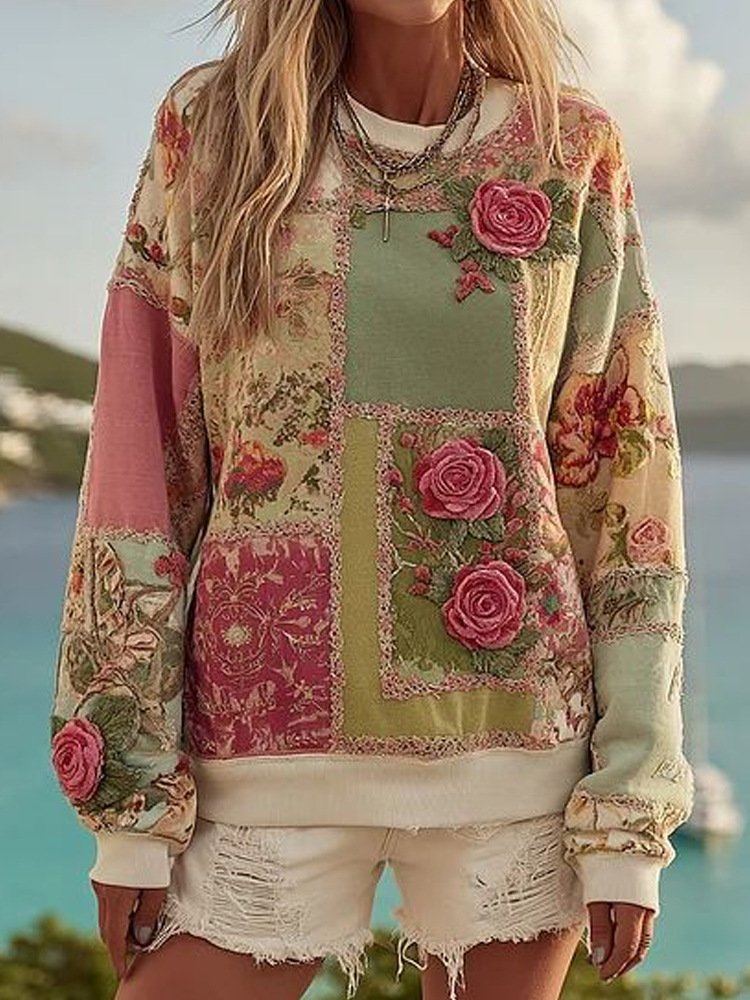 Women’s Casual Floral Print Cotton Crew Neck Regular Sweatshirt