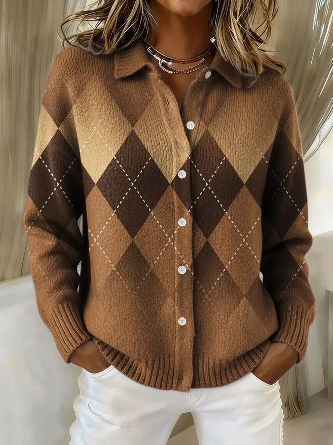 Women's Retro Plaid Geometric Print Casual Lapel Button-Up Cardigan