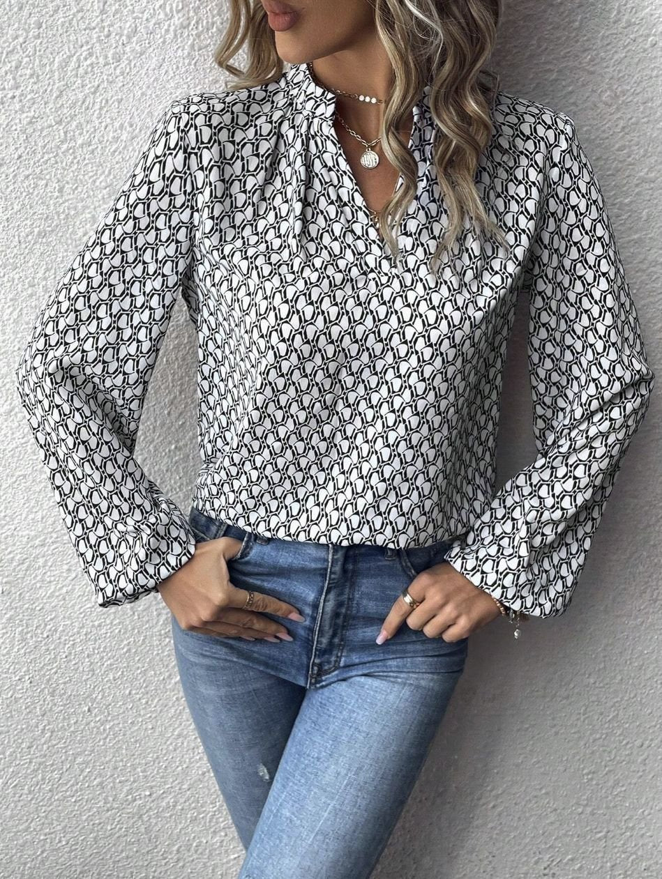 Women's Long Sleeve Shirt Spring/Fall Green Geometric Split Joint V Neck Balloon Sleeve Daily Going Out Casual Top