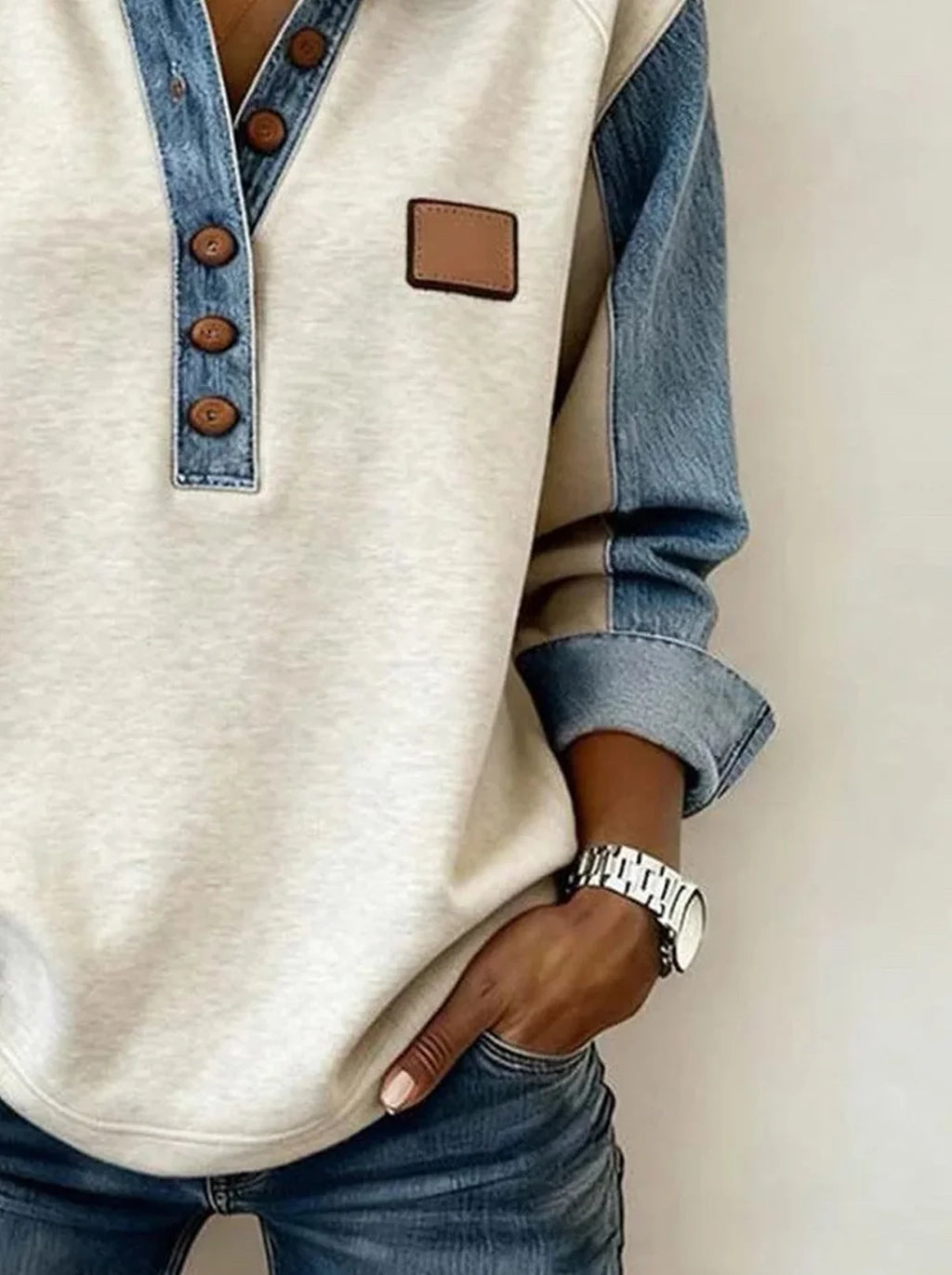 Denim Color Block Long Sleeve Shawl Collar Going Out Casual Sweatshirt