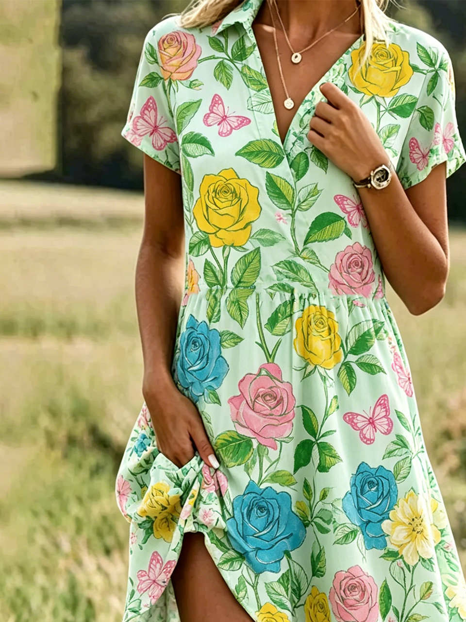 Shawl Collar Elegant Loose Ditsy Floral Shirt Dress With No