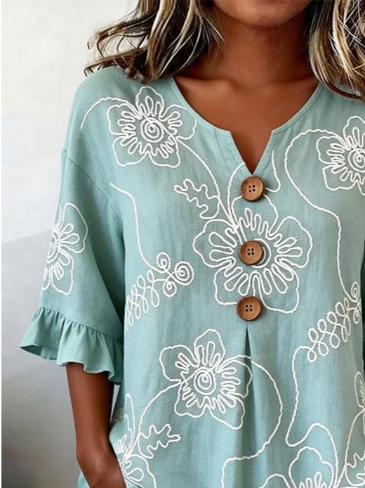 Women's Half Sleeve Blouse Summer Cyan Floral Printing V Neck Daily Going Out Vintage Top