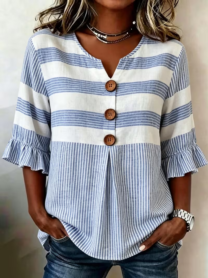 Women's Half Sleeve Blouse Summer Blue Striped Printing V Neck Daily Going Out Vintage Top