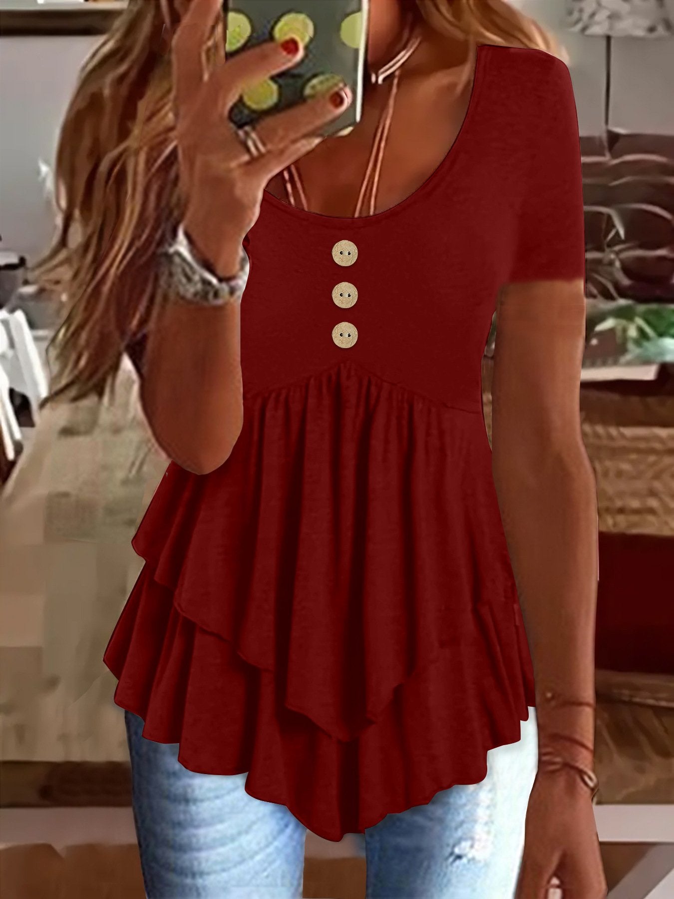Elegant Commuting Slim Fit Three-Button Casual Solid Color Short-Sleeved Dress Top