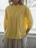 Cotton Casual Plain Ruched Stand Collar Shirt