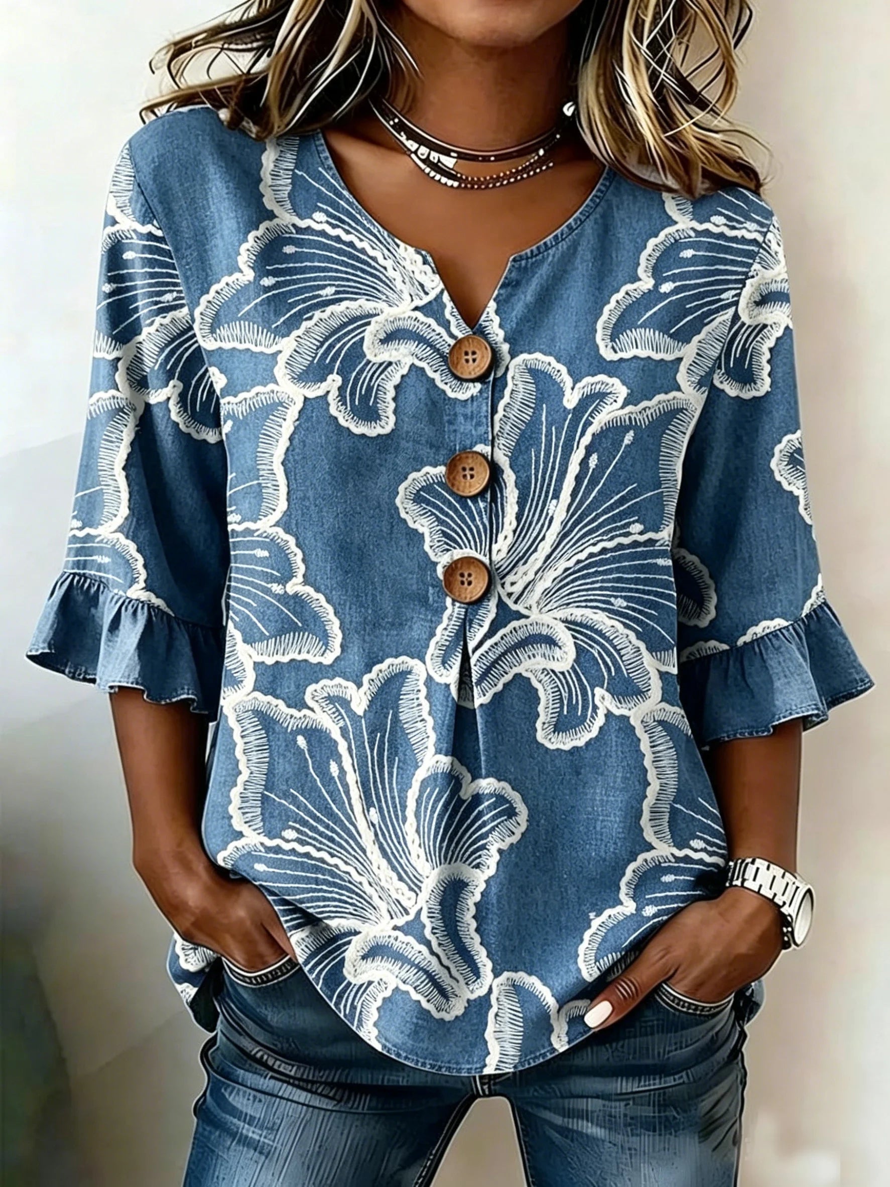 Women's Floral Half Sleeve Blouse Summer White Plain Peplum V Neck Button Daily Going Out Vintage Top