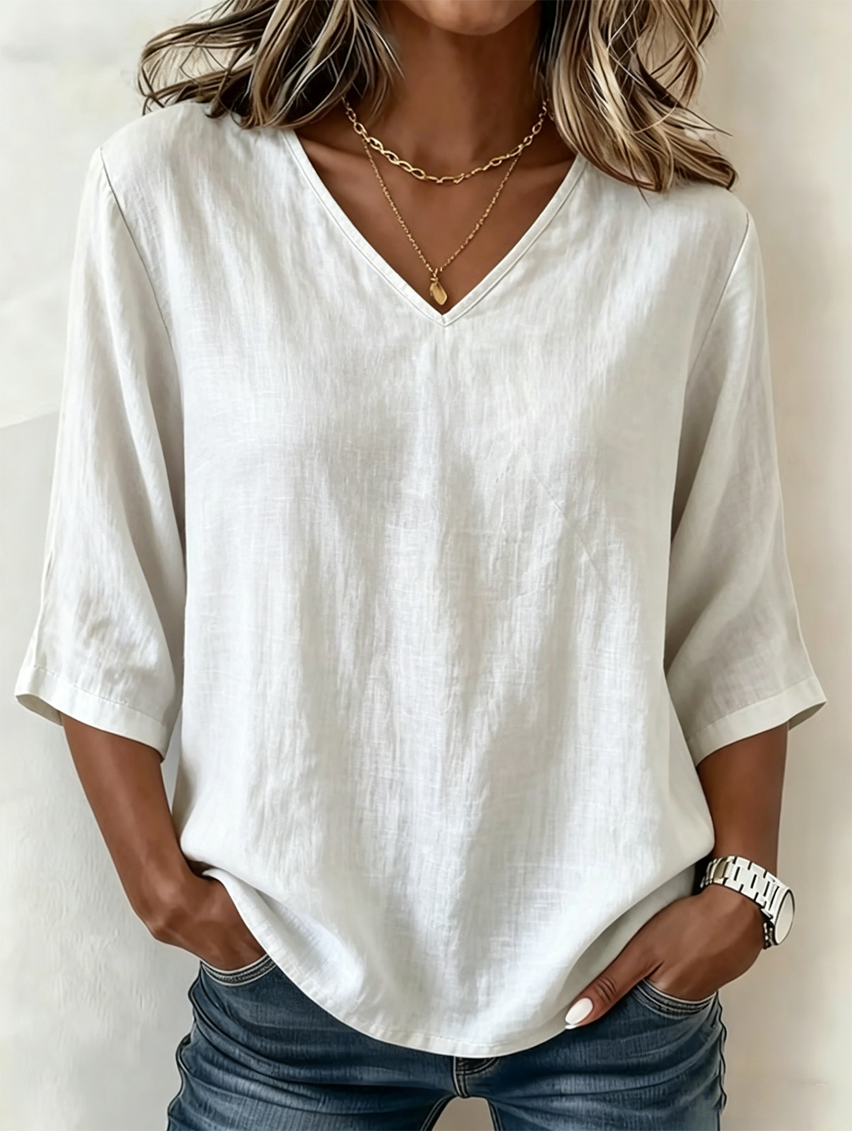 Loose Plain Casual V Neck Blouse