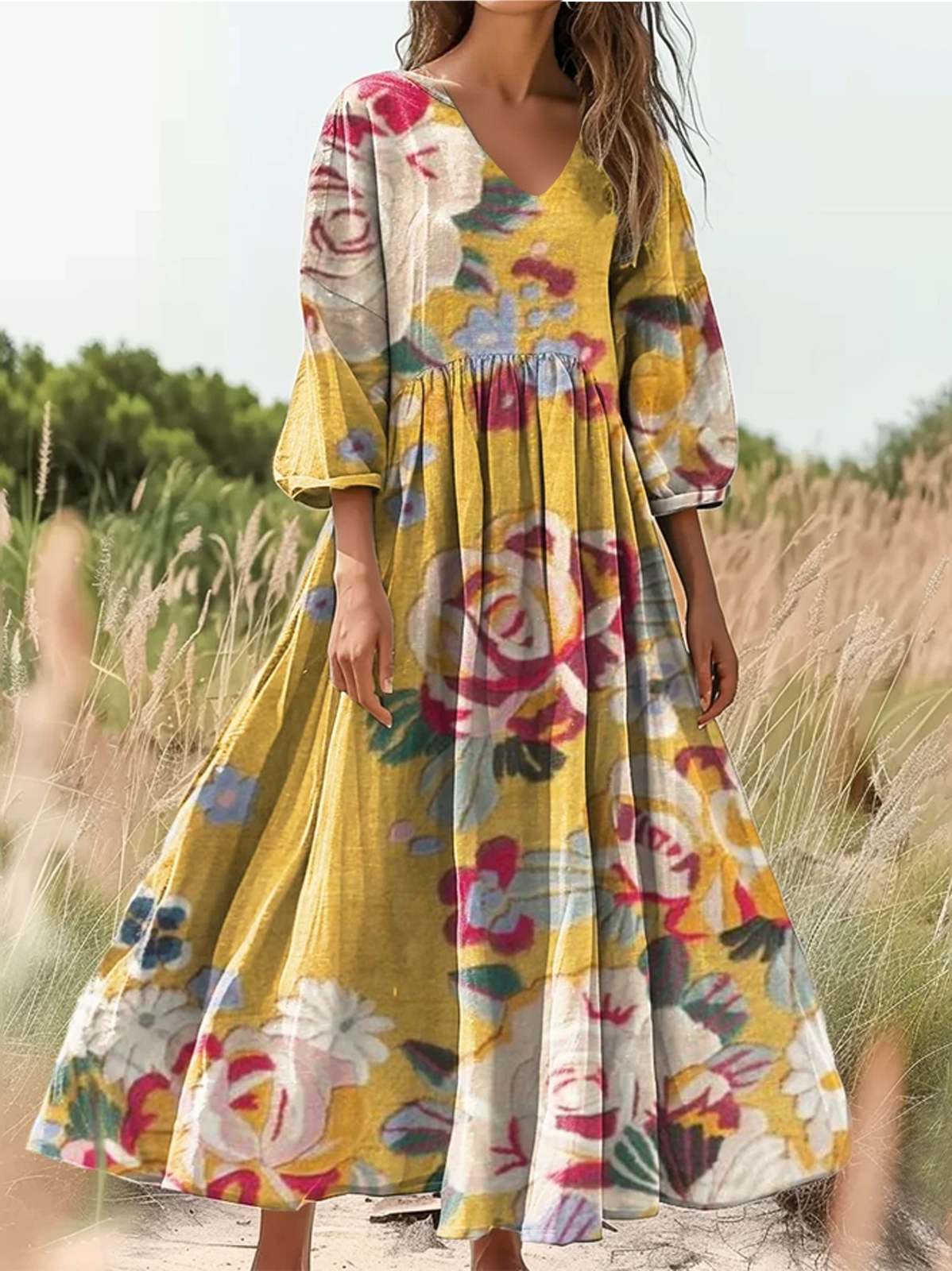 Women's Bohemian Floral Art Print Flowy Cotton Crew Neck Dress