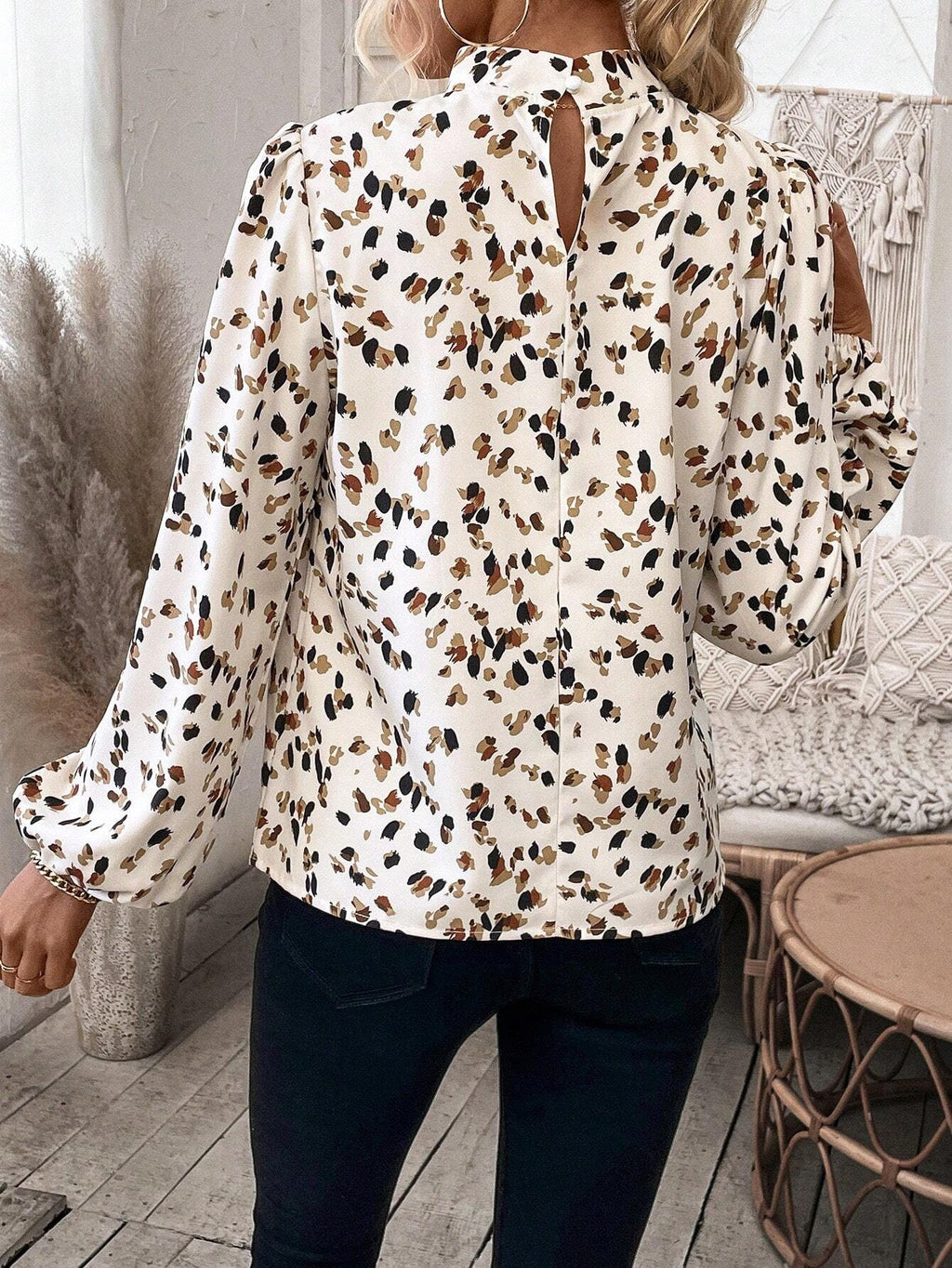 Women's Long Sleeve Shirt Spring/Fall Off White Leopard Split Joint Mock Neck Daily Going Out Casual Top