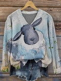 V Neck Ethnic Animal Picture Loose Sweater