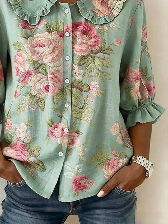 Women's Casual Peter Pan Collar Printed Cotton Linen Shirt