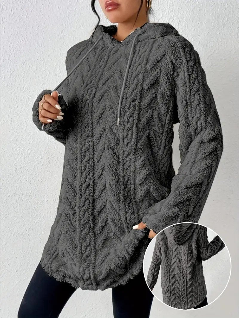 Women's Solid Color Hooded Long-Sleeved Plush Mid-Length Sweatshirt
