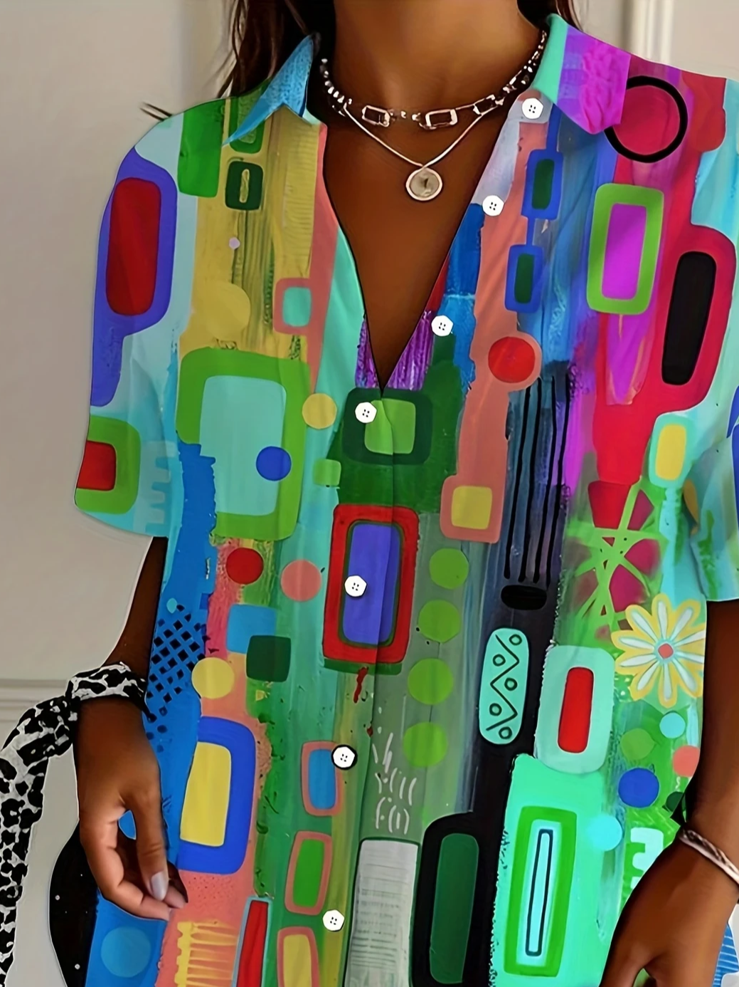 Women's Short Sleeve Shirt Summer As Picture Abstract Printing Shirt Collar Daily Going Out Casual Top