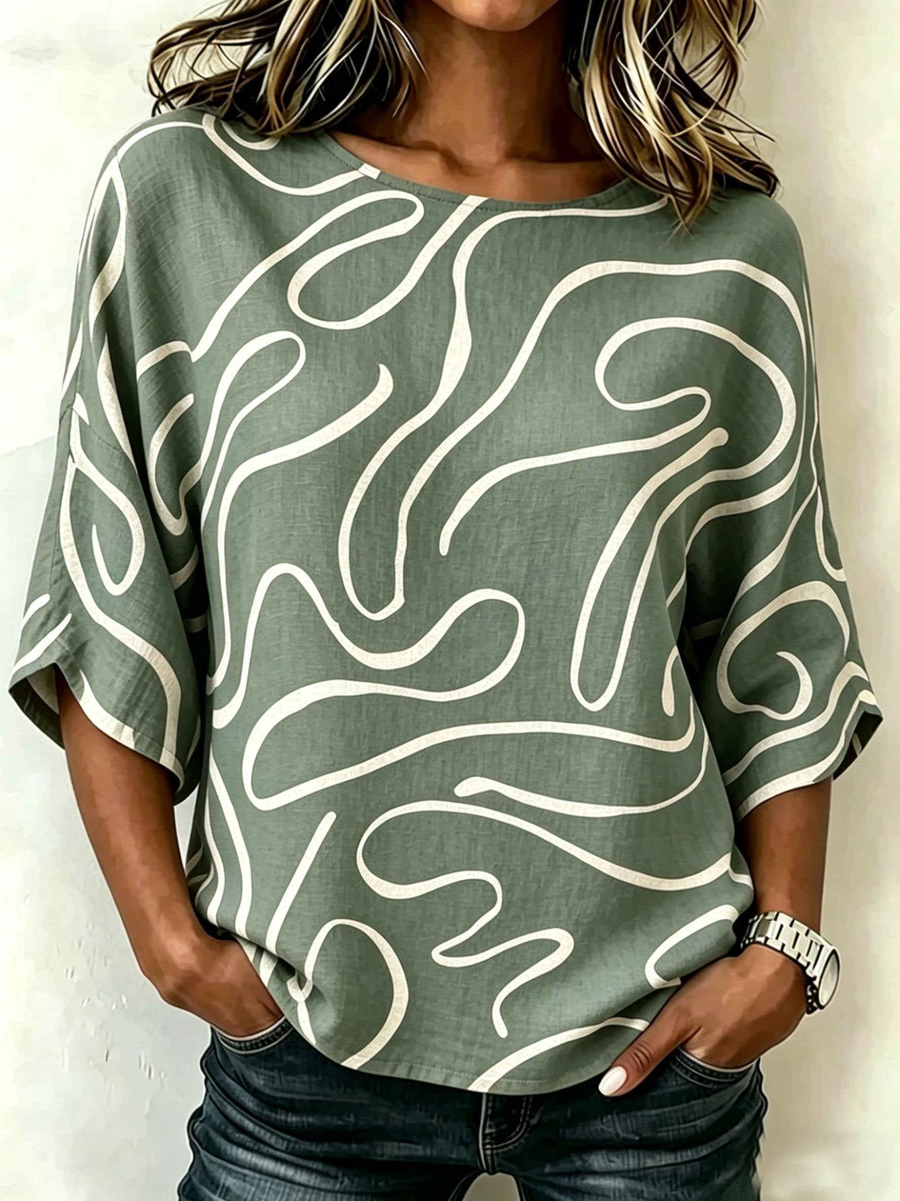 Abstract Graphic Print Crew Neck Casual Loose Top