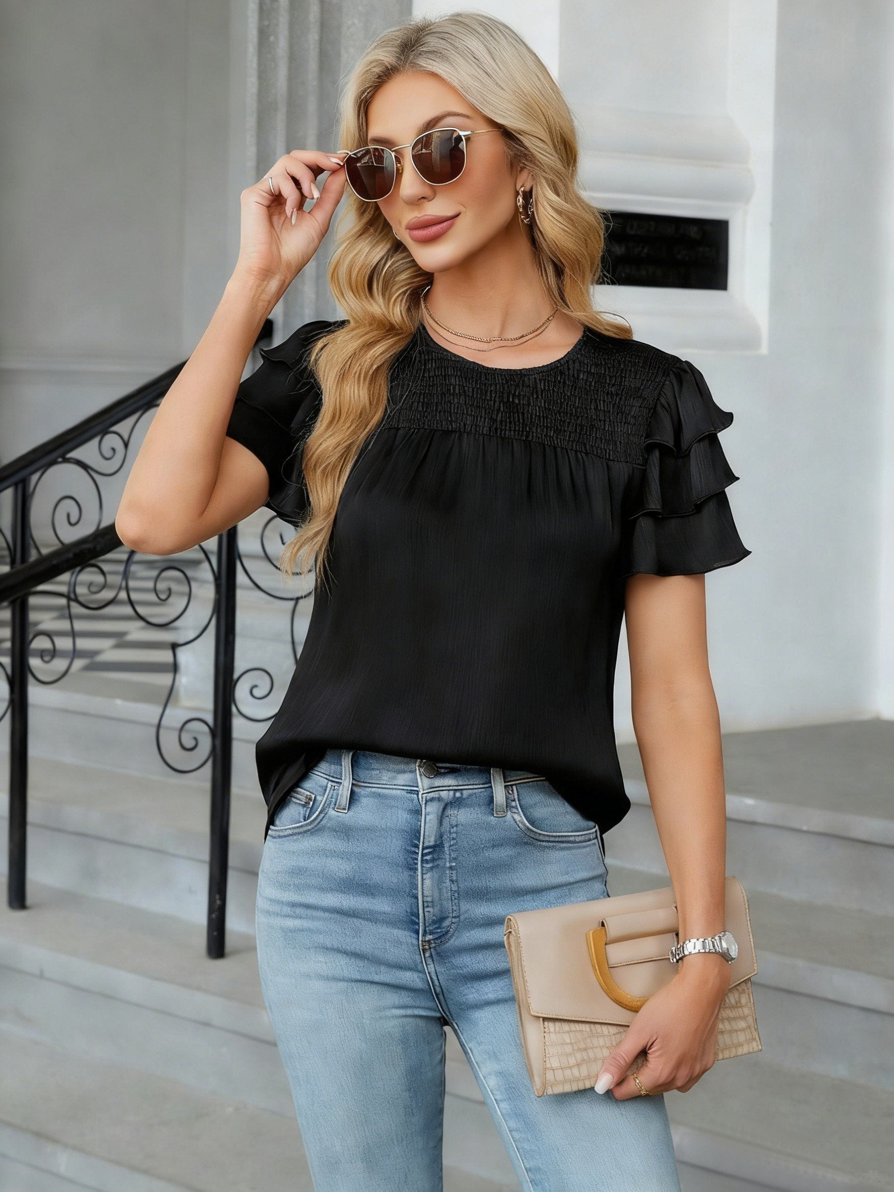 Satin Plain Smock Crew Neck Short Sleeve Casual Blouse