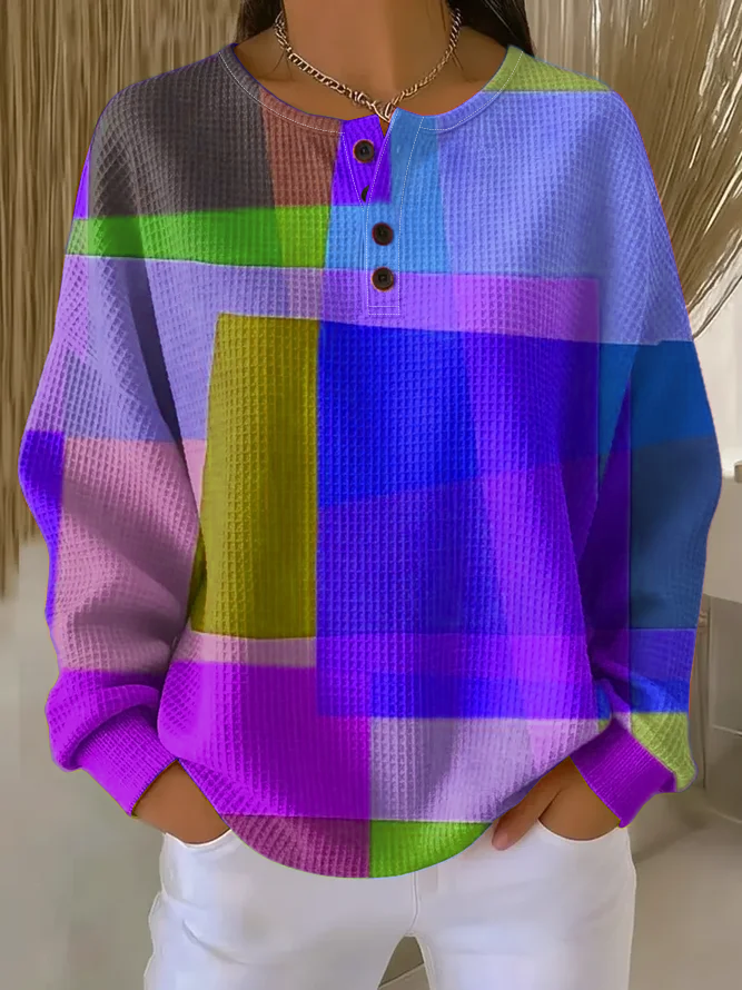 Women's Abstract Print Button-Up Casual Waffle Knit Sweatshirt