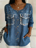 Faux Denim Print Graphic Loose Vintage Crew Neck Shirt