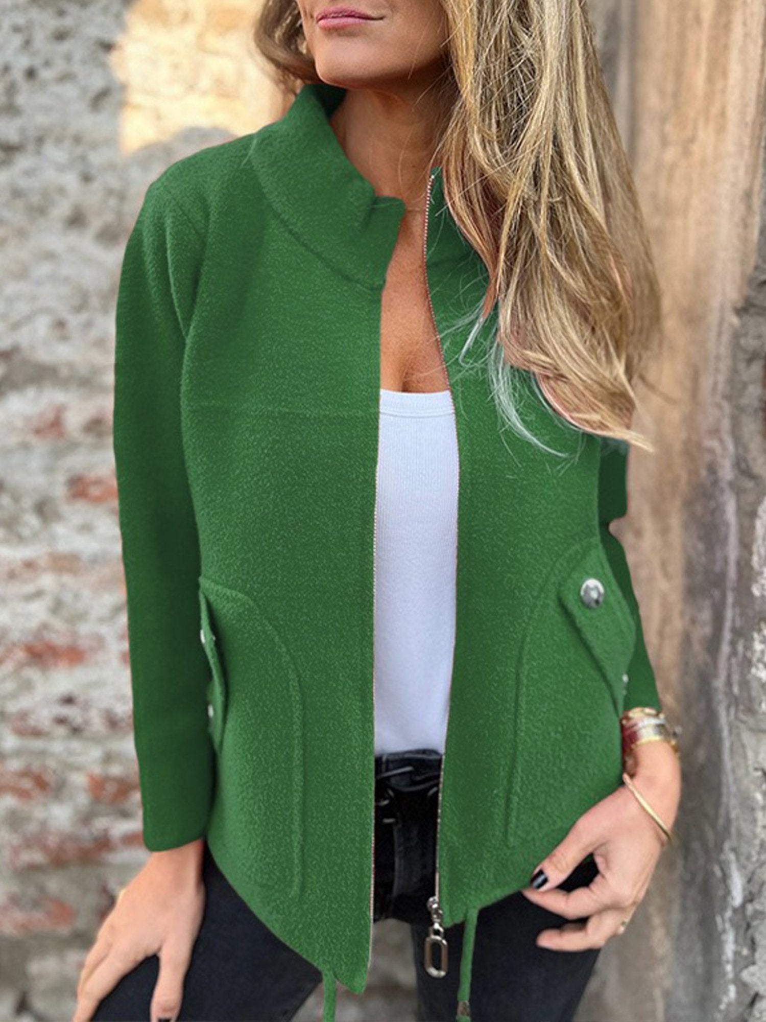 Casual Zipper Plain Stand Collar Jacket