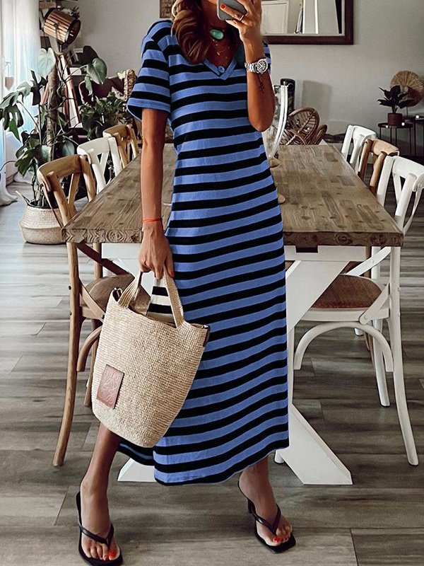 Women's Short Sleeve Summer White Striped Split Joint V Neck Daily Going Out Casual Maxi A-Line T-Shirt Dress Dress