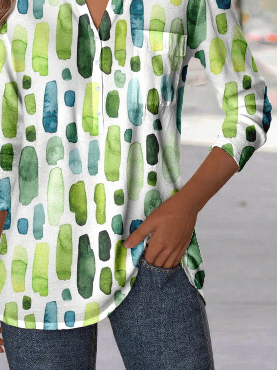 Women's Simple Geometric Pattern Patch Pocket Long Sleeve Shirt Regular Top