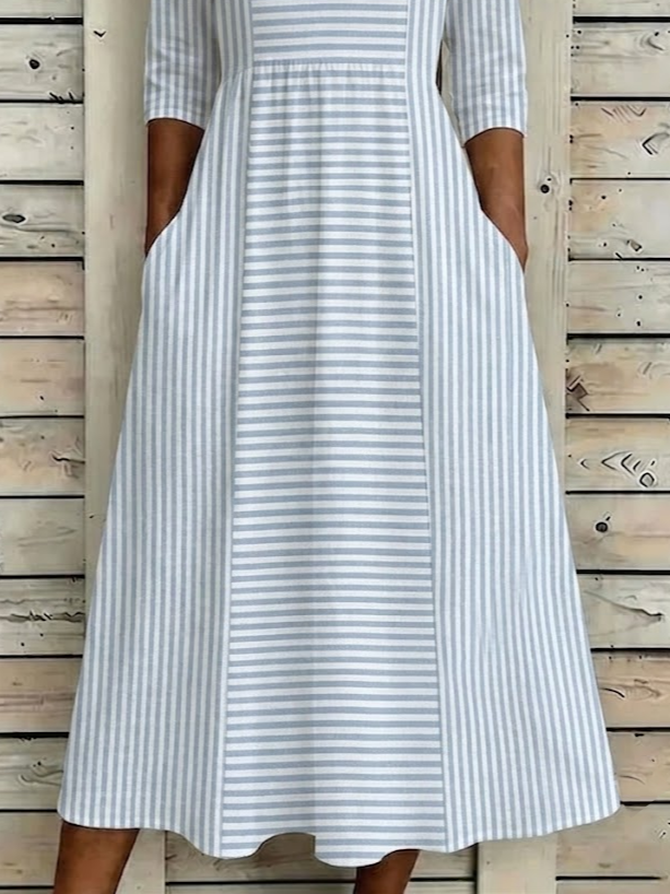 Women's Half Sleeve Summer Blue Striped Printing Crew Neck Daily Going Out Casual Maxi H-Line Dress