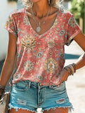 Women's Floral Print Casual V-Neck Short Sleeve T-Shirt
