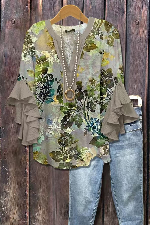Boho Floral V-Neck Ruffle 3/4 Sleeve blouse