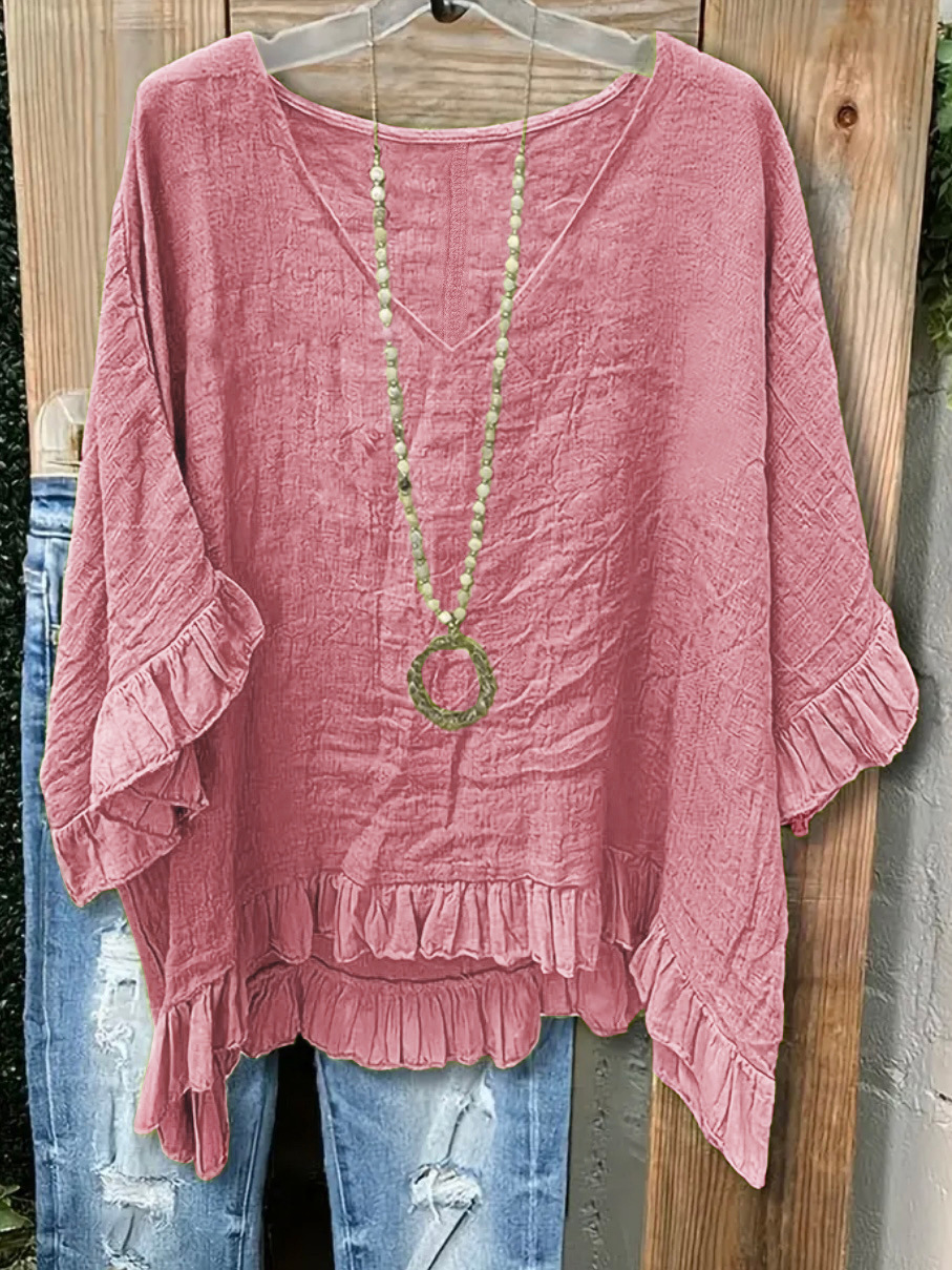Women's Polyester Cotton V Neck Short Sleeve Ruffle Cuff Top Daily Going Out Plain Loose Casual Blouse