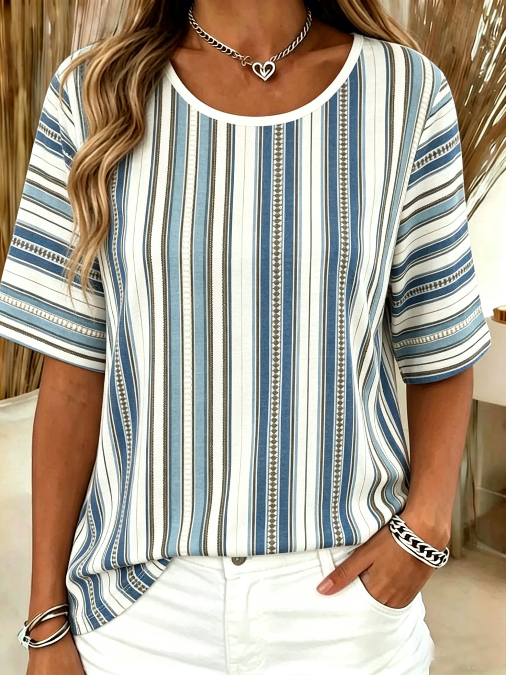 Cotton-Blend Crew Neck Short Sleeve Casual Striped T-Shirt