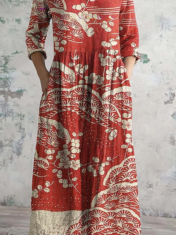Vintage Japanese Floral Art Printed Casual Midi Dress