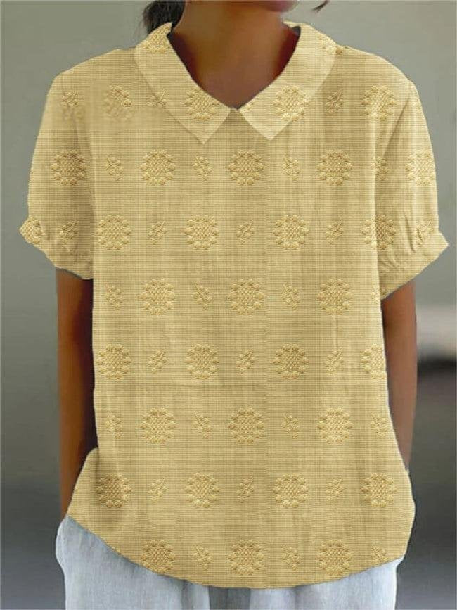 Vintage Printed Textured Short Sleeve Blouse with Peter Pan Collar