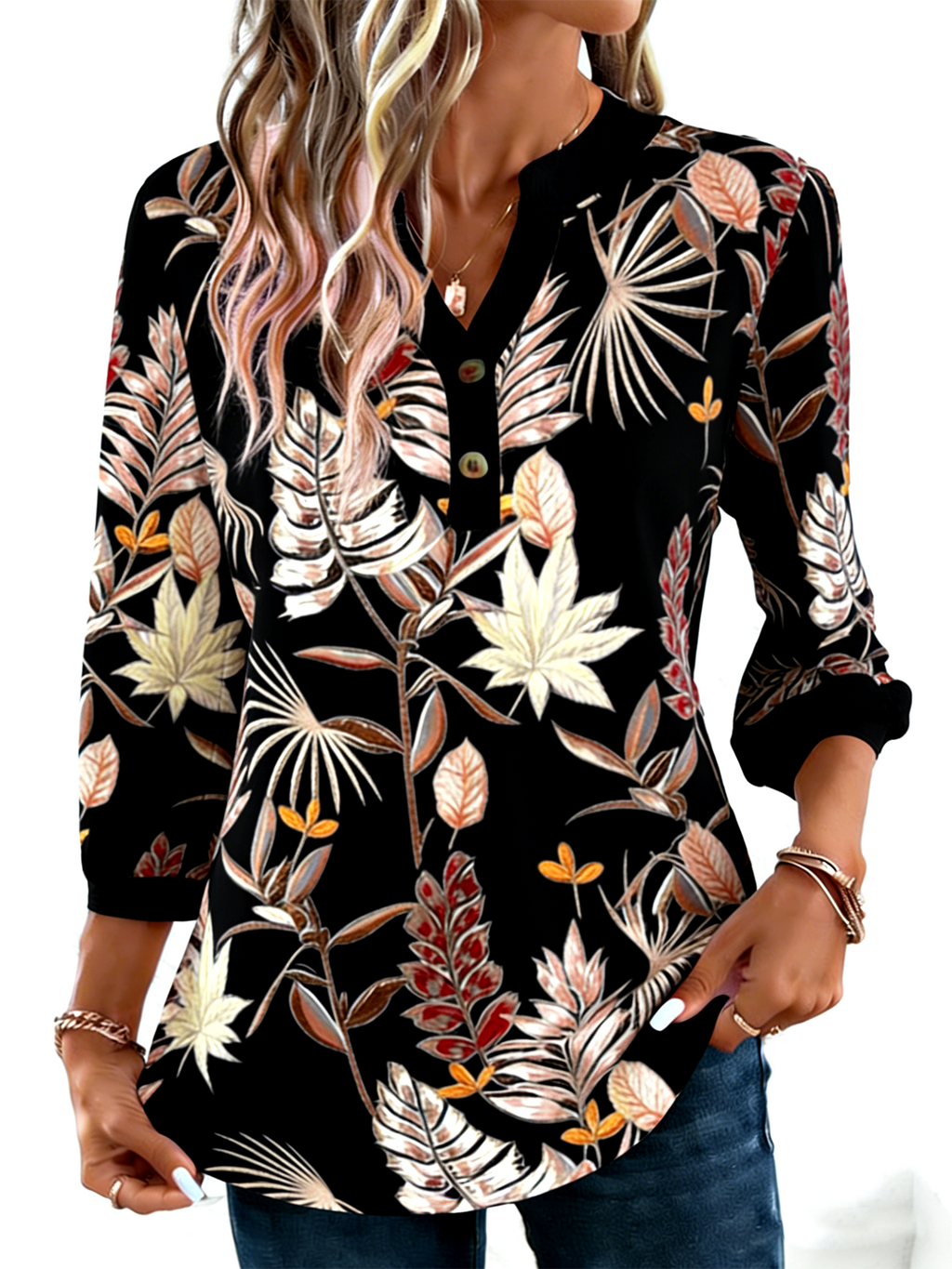 Floral Elegant Loose V Neck T-Shirt