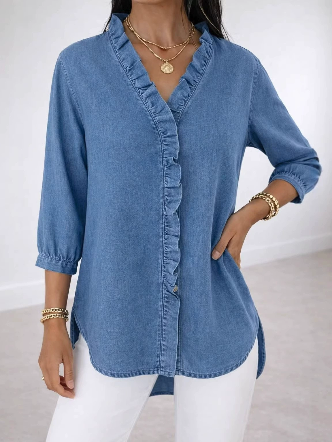 Denim Look/DenimEffect The Quarter Sleeve V Neck Ruffle Spring Summer Casual Blouse