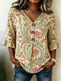 Women's Floral Half Sleeve Blouse Summer V Neck Button Daily Going Out Vintage Top