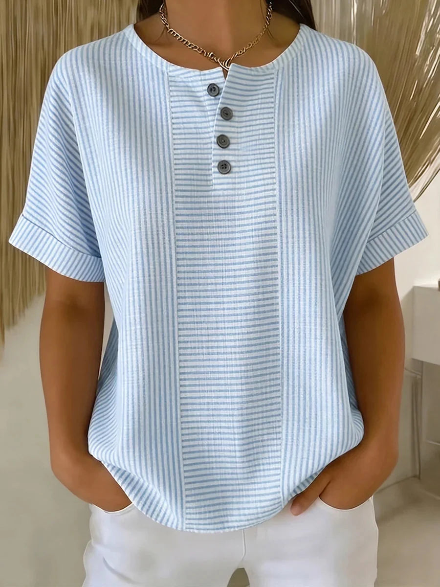 Light Blue Stripe Print Henley Neck Button Down T-Shirt