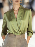 Women's Elegant Satin Long Sleeve V Neck Double-row Button Shirt