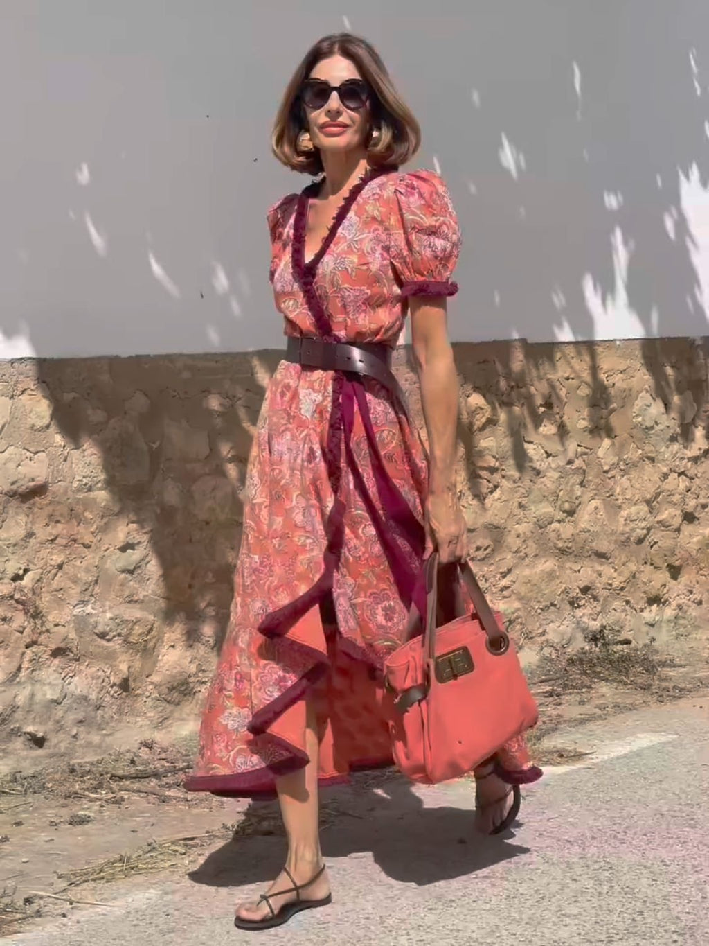 Floral Regular Fit Vintage V Neck Dress With No
