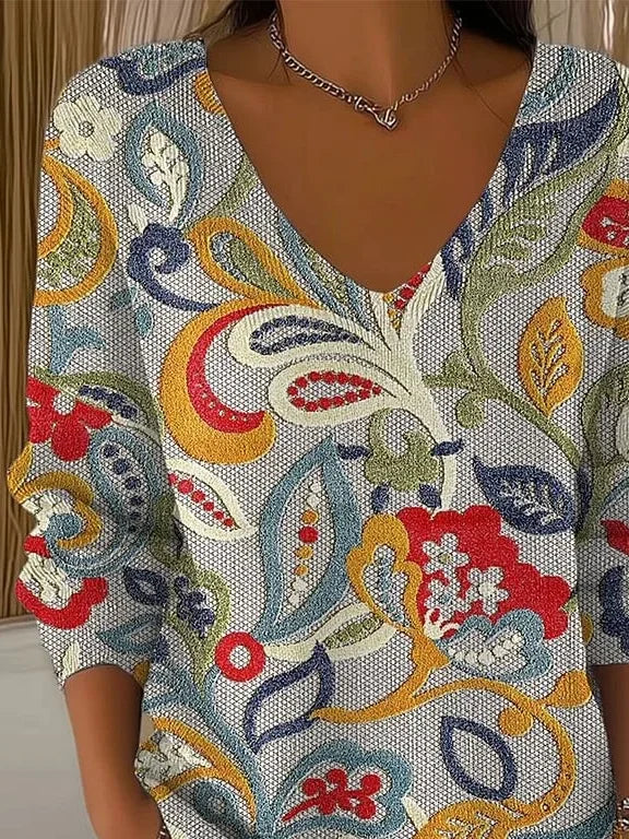Women's Long Sleeve T-shirt Spring/Fall Gray Floral Printing V Neck Daily Going Out Casual Top