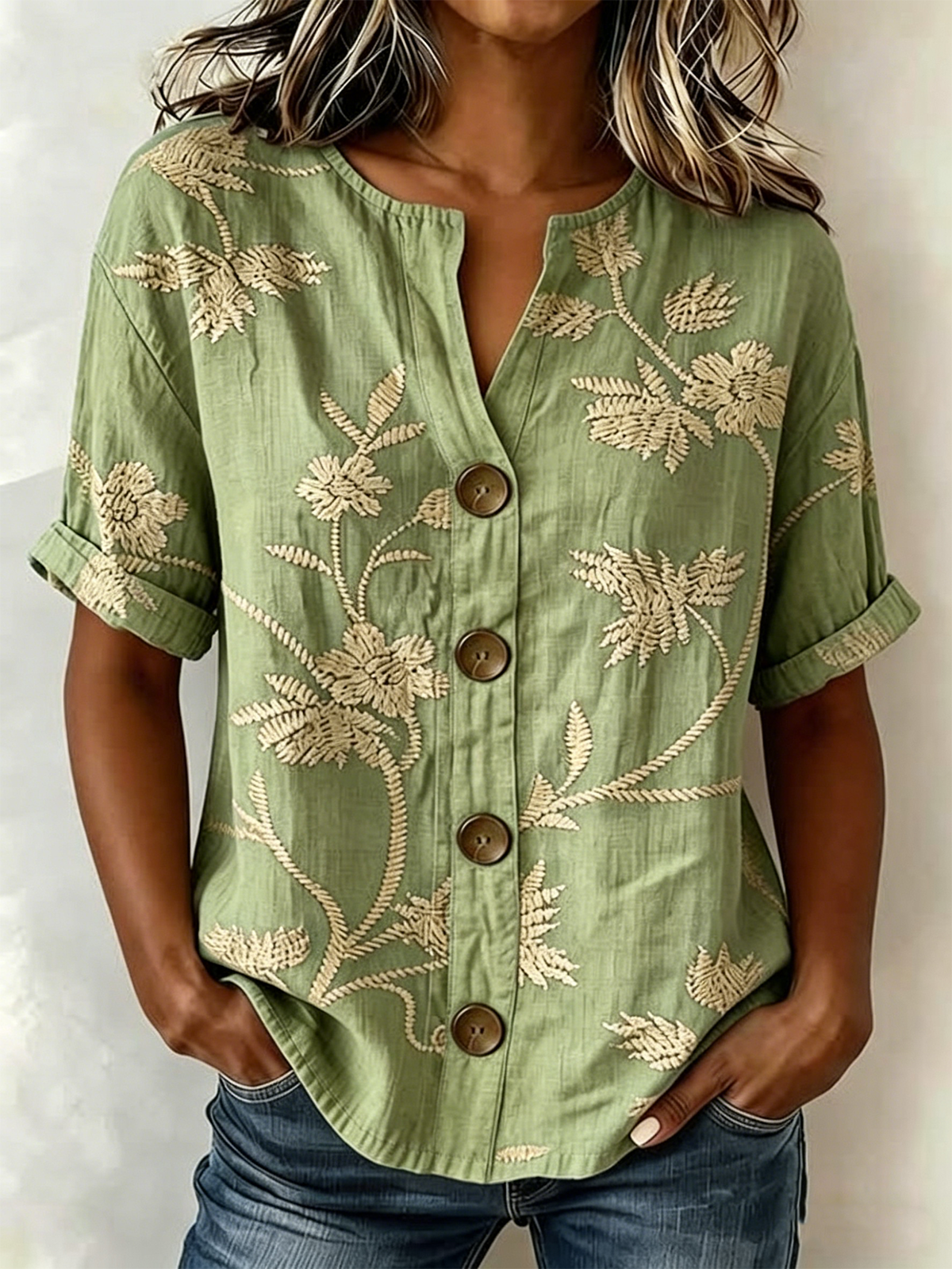 Women's Floral Print Linen Blend V-Neck Button Front Rolled Sleeve Blouse