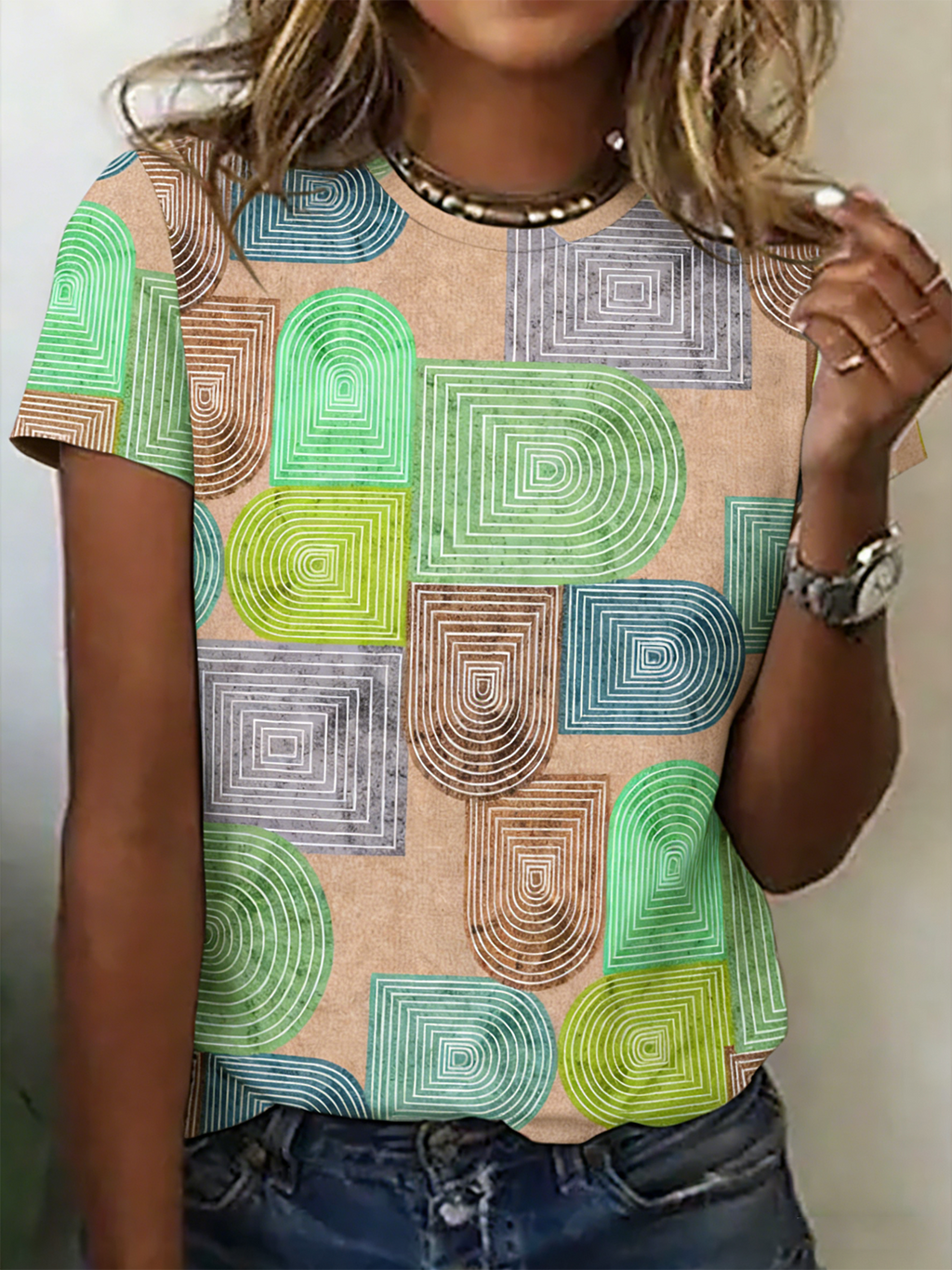 Cotton Geometric Crew Neck Casual T-Shirt