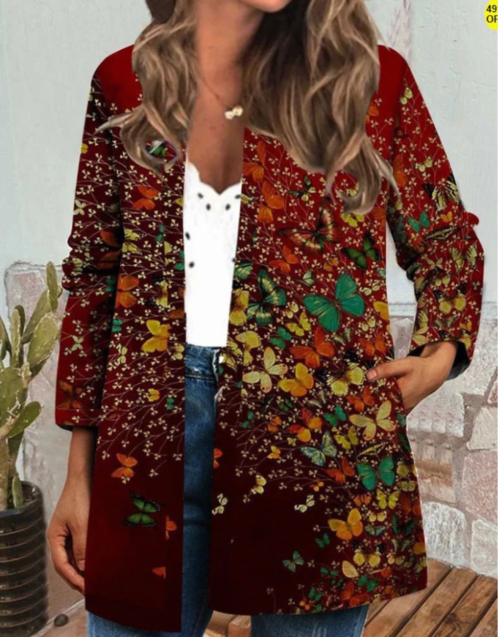 Women Casual Floral Spring/Fall Zipper Natural Loose Regular Jackets