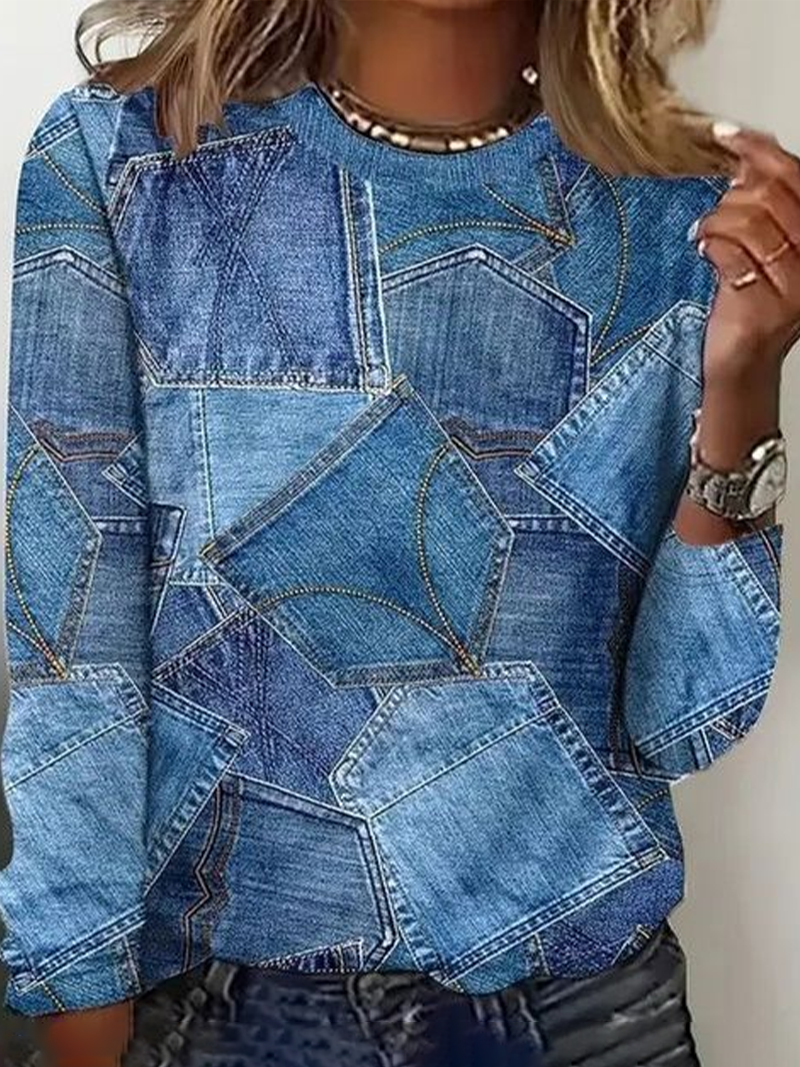 Women's Long Sleeve T-shirt Spring/Fall Blue Faux Denim Print Graphic Printing Jersey Crew Neck Daily Going Out Casual Top