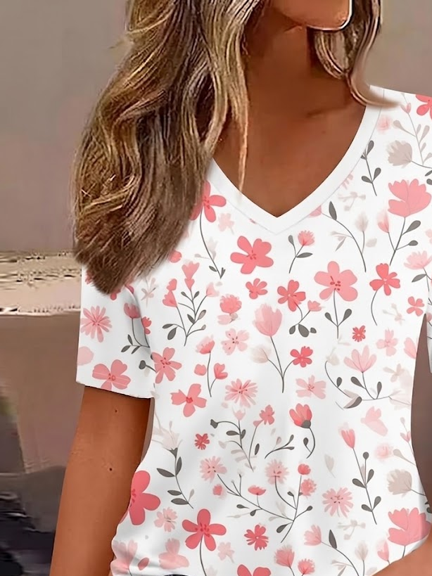 Women's Short Sleeve T-shirt Summer White Floral Printing V Neck Holiday Going Out Vintage Top
